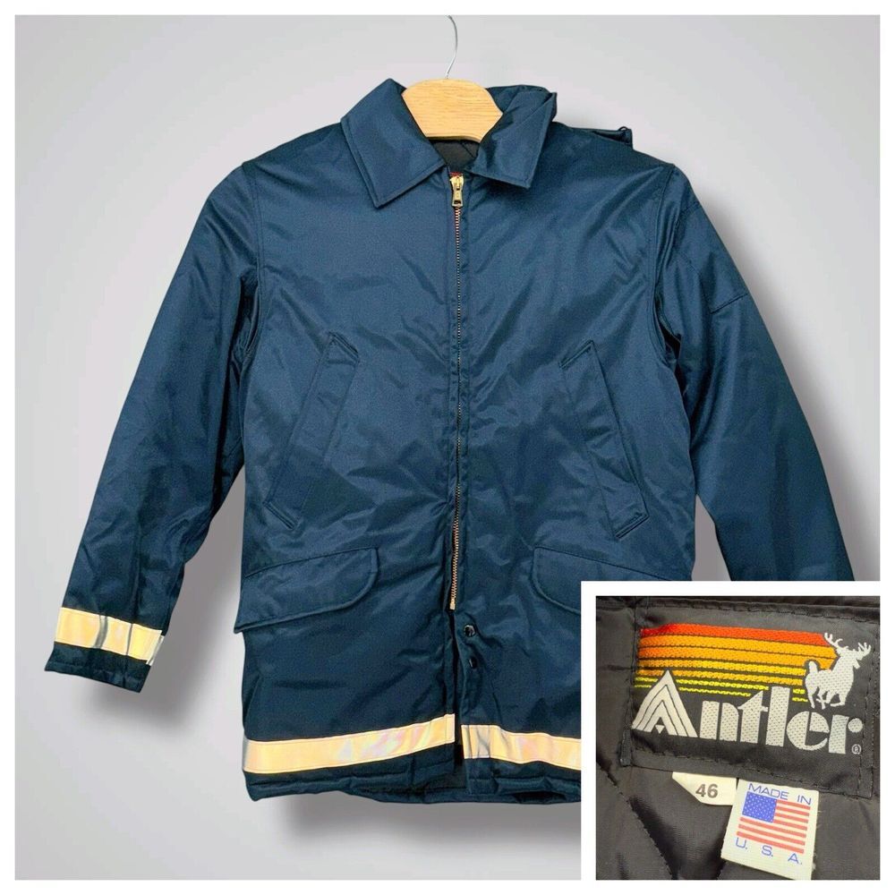 Antler Navy Blue Reflective Safety Work Jacket Hooded Quilted Workwear Size‎ 46